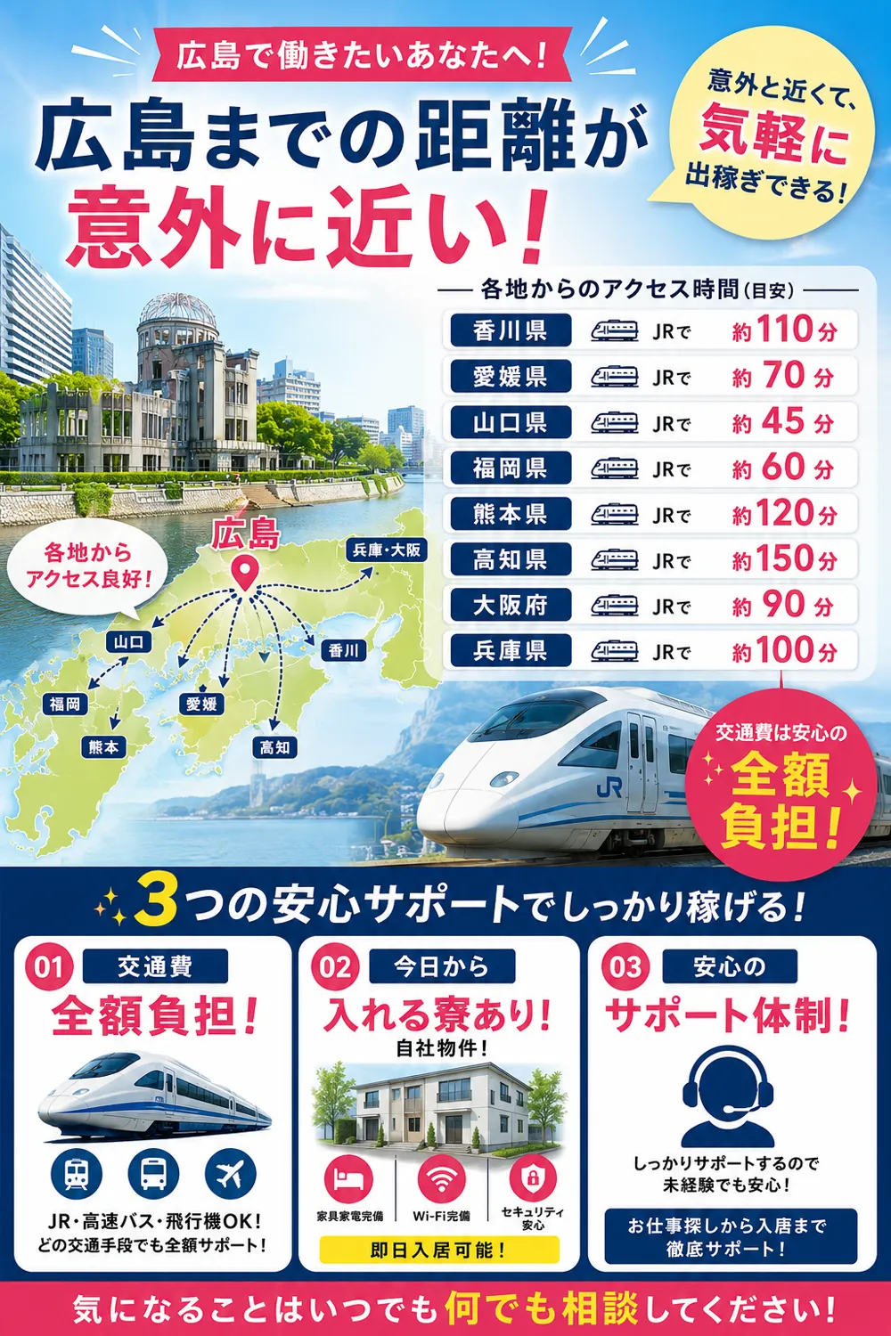 広島までの距離が意外に近い！九州・四国からJRでアクセス良好。交通費全額負担・今日から入れる寮あり・安心のサポート体制